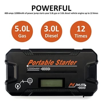 Fullele Portable Car Jump Starter, 400 Peak AMP 12000mAh Vehicle Emergency Power Bank Kit with LCD Screen, Three-Function LED Light and Smart Clamp -