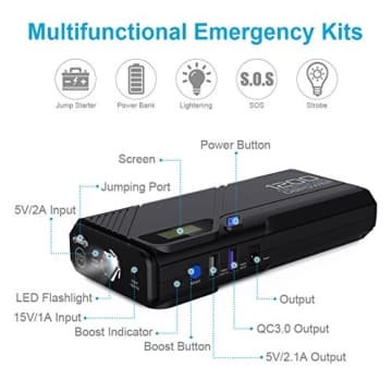 DBPOWER 1200A Peak Portable Car Jump Starter (for 6.5L Gas, 5.2L Diesel Engine and more), Car Battery Booster Pack & Charger, Power Bank Phone Charger with QC3.0 Built-in LED Emergency Flashlight - 4