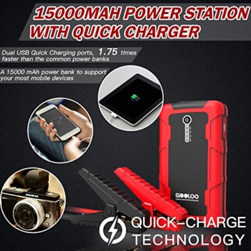 GOOLOO 600A Peak 15000mAh Car Jump Starter (Up to 6.0L Gas or 4.5L Diesel Engine) Portable Power Pack Auto Battery Booster Phone Charger with Dual Quick Charge Output, Built in LED Light, Black/Red - 3