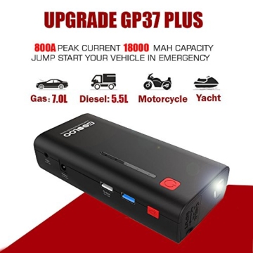 GOOLOO 800A Peak 18000mAh Car Jump Starter (Up to 7.0L Gas or 5.5L Diesel Engine) Quick Charge 3.0 Portable Phone Charger Auto Battery Booster Power Pack, Built-in LED Light - 2