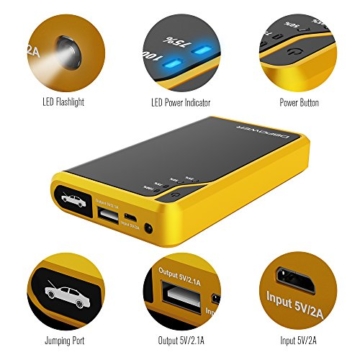 DBPOWER 300A Peak 8000mAh Portable Car Jump Starter (for Gas Engine up to 2.5L) Auto Battery Booster Charger Phone Power Bank Built-in LED Flashlight (Black/Yellow) - 7