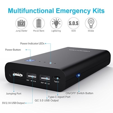 DBPOWER 500A 10800mAh Portable Car Jump Starter (up to 3.0L Gas/ 2.0L Diesel Engine), Auto Power Pack Battery Booster, Power Bank Phone Charger with QC3.0, Type-C Output, LED Flashlight with 3 Modes - 3