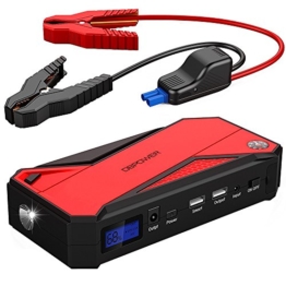 DBPOWER 600A Peak 18000mAh Portable Car Jump Starter (up to 6.5L Gas/ 5.2L Diesel Engine) Power Pack Battery Booster, Power Bank with Smart Charging Port, Compass, LCD Screen & LED Flashlight (Red) - 1