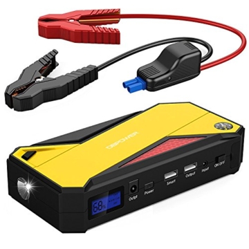 DBPOWER 600A Peak 18000mAh Portable Car Jump Starter (up to 6.5L Gas/ 5.2L Diesel Engine) Power Pack Battery Booster, Power Bank with Smart Charging Port, Compass, LCD Screen & LED Flashlight (Yellow) - 1