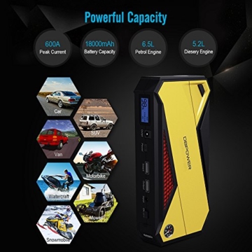 DBPOWER 600A Peak 18000mAh Portable Car Jump Starter (up to 6.5L Gas/ 5.2L Diesel Engine) Power Pack Battery Booster, Power Bank with Smart Charging Port, Compass, LCD Screen & LED Flashlight (Yellow) - 2