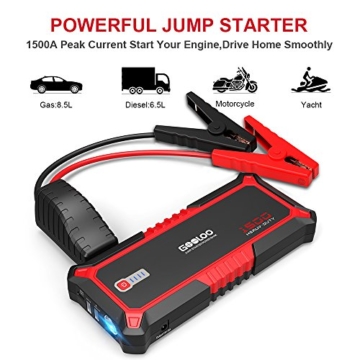 GOOLOO 1500A Peak Car Jump Starter Auto Battery Booster Power Pack, Power Delivery 15W USB Type-C Portable Phone Charger with Dual USB 3.0 Quick Charging, Built-in LED Light and Smart Protect - 2