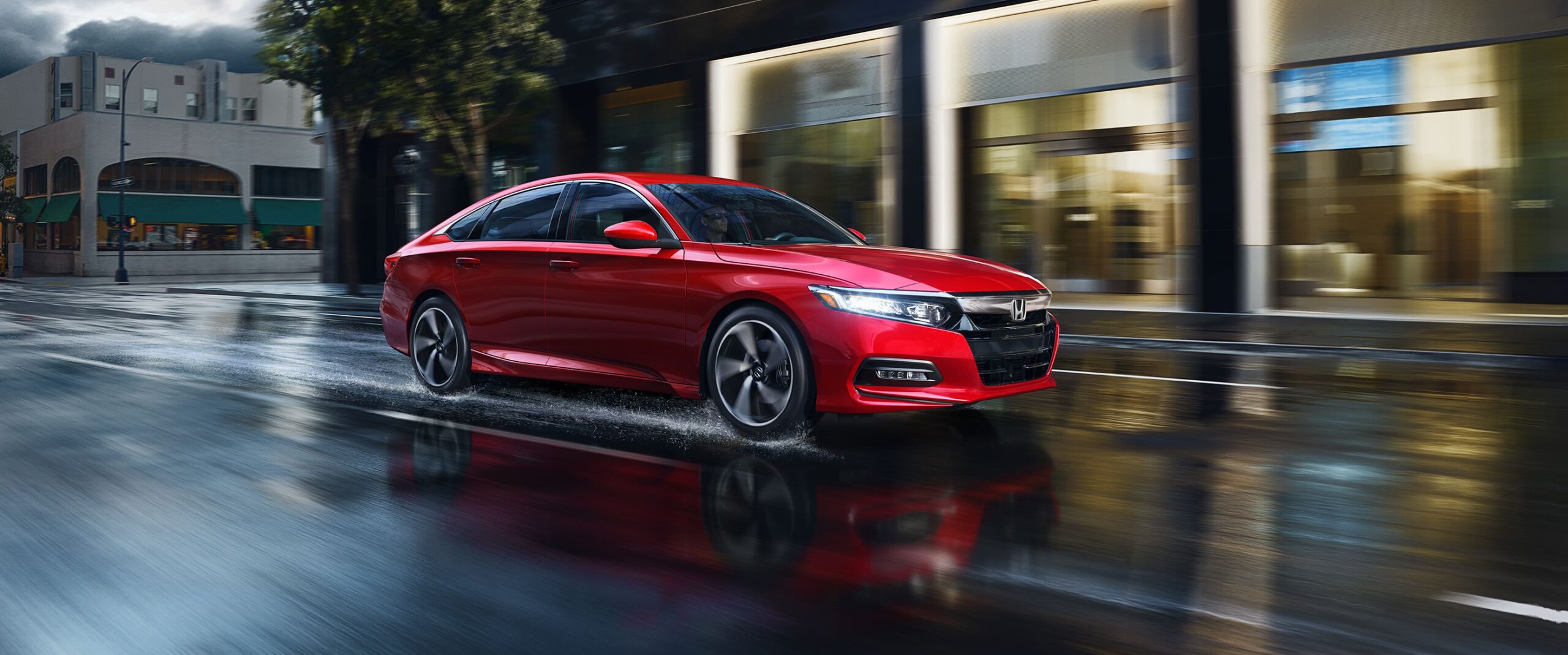 2019 Honda Accord red color side view on highway in city in rain water on road 4k ultra hd wallpaper