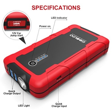 GOOLOO 600A Peak SuperSafe Car Jump Starter Portable Power Pack Auto Battery Booster Phone Charger with Dual Quick Charge Output, Built in LED Light - 5