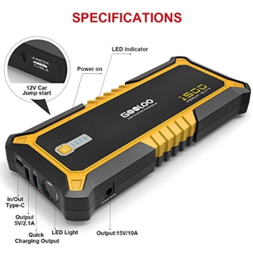 GOOLOO [PD 60W for MacBook] 1500A Peak SuperSafe Car Jump Starter Quick Charge 3.0 Auto Battery Booster Power Pack, Power Delivery 60W USB Type-C Portable Phone Charger with Dual USB Ports - 5