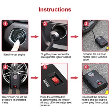 Digital Tire Inflator, GOOLOO 12V DC Air Compressor, Portable Auto Electric 150 PSI Tyre Pump with Tire Pressure Monitor and Preset for Car, Bicycle, Motorcycles, Sport Balls and Other Inflatables - 6