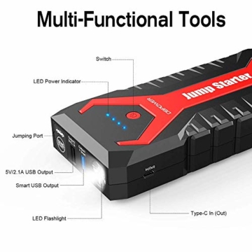 DBPOWER 2000A 19200mAh Portable Car Jump Starter Auto Battery Booster Pack with Dual USB Outputs, Type-C Port, and LED Flashlight - 8