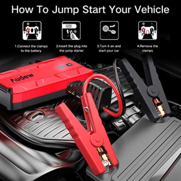 Audew 1000A Peak Car Jump Starter (Up to 8.0L Gas or 5.0L Diesel Engine) Portable Jump Pack, Auto Battery Booster, 12V Car Jumper with Dual USB Ports and Flashlight - 7
