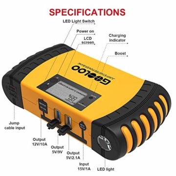 GOOLOO Upgraded Car Jump Starter, 1000A Peak 20800mAh with USB Quick Charge (Up to 8.0L Gas, 6.0L Diesel Engine) SuperSafe Auto Battery Booster Portable Charger Power Pack Built-in Smart Protection - 5