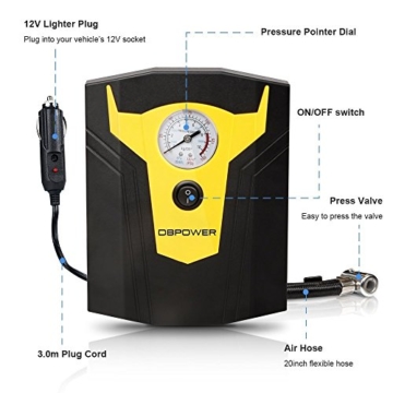 DBPOWER 12V DC Portable Electric Auto Air Compressor Pump to 150 PSI, Tire Inflator with Gauge, 3 High-air Flow Nozzles & Adaptors for Cars, Bicycles and Basketballs (Black and Yellow) - 2