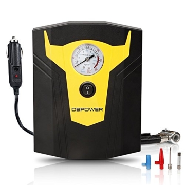 DBPOWER 12V DC Portable Electric Auto Air Compressor Pump to 150 PSI, Tire Inflator with Gauge, 3 High-air Flow Nozzles & Adaptors for Cars, Bicycles and Basketballs (Black and Yellow) - 1
