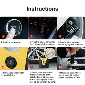 DBPOWER 12V DC Portable Electric Auto Air Compressor Pump to 150 PSI, Tire Inflator with Gauge, 3 High-air Flow Nozzles & Adaptors for Cars, Bicycles and Basketballs (Black and Yellow) - 6