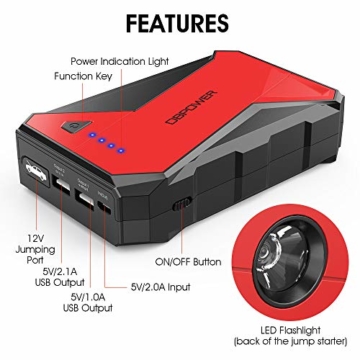 DBPOWER 1000A Portable Car Jump Starter (up to 7.0L Petrol, 5.5L Diesel Engine) Battery Booster and Phone Charger with LED Flashlight - 3