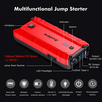 Audew Car Jump Starter,1500A Peak 17000mAh 12V Car Battery Booster (Up to 8L Gas or 6L Diesel Engine),Portable Power Pack with Smart Jumper Cable,Quick Charge 3.0,Type-C,LED Flashlight - 2