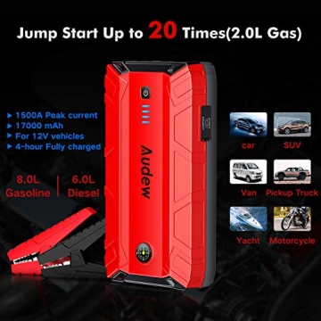 Audew Car Jump Starter,1500A Peak 17000mAh 12V Car Battery Booster (Up to 8L Gas or 6L Diesel Engine),Portable Power Pack with Smart Jumper Cable,Quick Charge 3.0,Type-C,LED Flashlight - 4