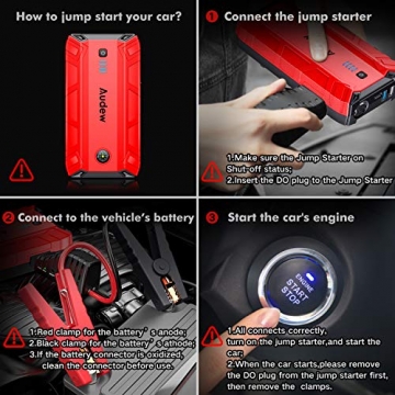 Audew Car Jump Starter,1500A Peak 17000mAh 12V Car Battery Booster (Up to 8L Gas or 6L Diesel Engine),Portable Power Pack with Smart Jumper Cable,Quick Charge 3.0,Type-C,LED Flashlight - 6