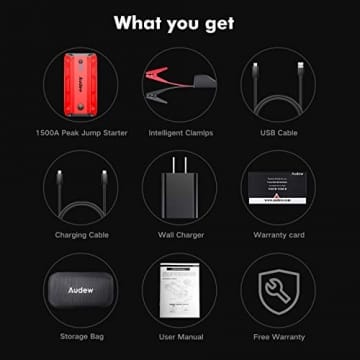 Audew Car Jump Starter,1500A Peak 17000mAh 12V Car Battery Booster (Up to 8L Gas or 6L Diesel Engine),Portable Power Pack with Smart Jumper Cable,Quick Charge 3.0,Type-C,LED Flashlight - 7