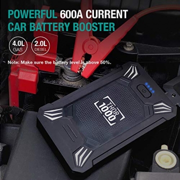 Car Battery Jump Starter Portable - 600A Peak Waterproof 12V Portable Battery Booster Pack (up to 4.0L Gas Or 2.0L Diesel Engine) Safe Auto Power Bank with USB Port, Smart Clamps & LED Flashlight - 2