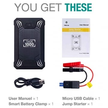 Car Battery Jump Starter Portable - 600A Peak Waterproof 12V Portable Battery Booster Pack (up to 4.0L Gas Or 2.0L Diesel Engine) Safe Auto Power Bank with USB Port, Smart Clamps & LED Flashlight - 7
