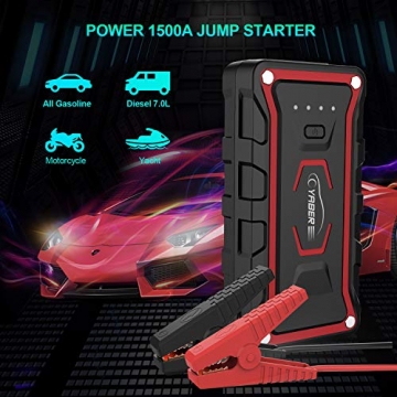 Car Jump Starter,YABER Portable Jump Starter 1500A Peak 20000mAH(All Gas and 7L Diesel) 12V UL Certified Safe Car Jumper Power Pack with Smart Jump Cable Built-in LED Light Lithium Jump Starter - 2
