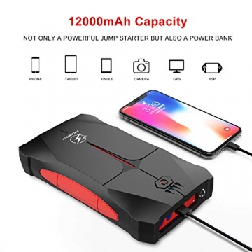 Flylinktech Car Jump Starter 800A Peak 12000mAh (up to 4.0L Gas Or 2.0L Diesel Engine), 12V Portable Power Pack with Jumper Cable & LED Flashlight - 2