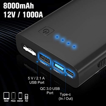 Imazing Car Jump Starter 1000A Peak with Type-C Port(Up to 7.0L Gas or 5.5L Diesel Engine), 12V Portable Power Pack Auto Battery Booster with LCD Display Jumper Cables, QC 3.0 and LED Light - 3