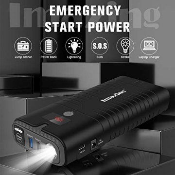 Imazing Portable Car Jump Starter - 2000A Peak 18000mAH (Up to 10L Gas or 8L Diesel Engine) 12V Auto Battery Booster Portable Power Pack with LCD Display Jumper Cables, QC 3.0 and LED Light - 2