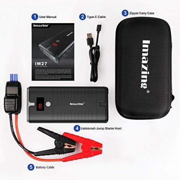 Imazing Portable Car Jump Starter - 2000A Peak 18000mAH (Up to 10L Gas or 8L Diesel Engine) 12V Auto Battery Booster Portable Power Pack with LCD Display Jumper Cables, QC 3.0 and LED Light - 7