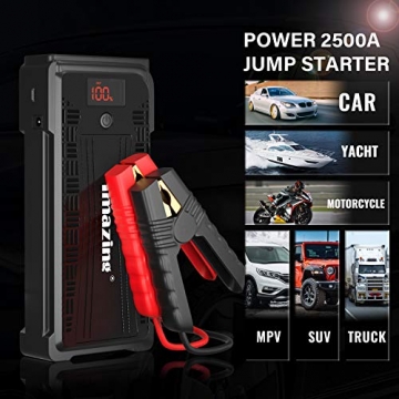 Imazing Portable Car Jump Starter - 2500A Peak 20000mAH (Up to 8L Gas or 8L Diesel Engine) 12V Auto Battery Booster Portable Power Pack with LCD Display Jumper Cables, QC 3.0 and LED Light - 4