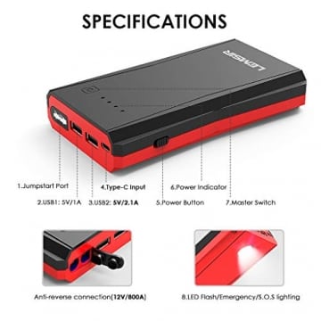 LEMSIR QDSP 800A Peak Portable Car Lithium Jump Starter up to 7.2L Gas or 5.5L Diesel Auto Battery Booster Power Pack with Smart Jumper Cables V8 