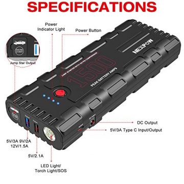 NEXPOW Car Battery Starter, 1500A Peak 21800mAh 12V Auto Car Jump Starter Power Pack with USB Quick Charge 3.0 (Up to 6.5L Gas or 4L Diesel Engine) - 2