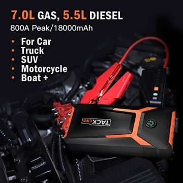 TACKLIFE T8 800A Peak 18000mAh Car Jump Starter (up to 7.0L Gas, 5.5L Diesel engine) with LCD Screen, USB Quick Charge, 12V Auto Battery Booster, Portable Power Pack with Built-in LED light - 2