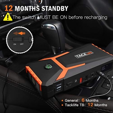 TACKLIFE T8 800A Peak 18000mAh Car Jump Starter (up to 7.0L Gas, 5.5L Diesel engine) with LCD Screen, USB Quick Charge, 12V Auto Battery Booster, Portable Power Pack with Built-in LED light - 3