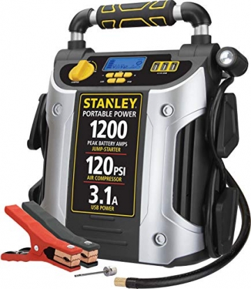 STANLEY J5C09D Digital Portable Power Station Jump Starter: 1200 Peak/600 Instant Amps, 120 PSI Air Compressor, 3.1A USB Ports, Battery Clamps - 1