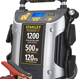 STANLEY J5CPD POWERiT Digital Portable Power Station Jump Starter: 1200 Peak/600 Instant Amps, 500W Inverter, 120 PSI Air Compressor, 3.1A USB Ports, Battery Clamps - 1