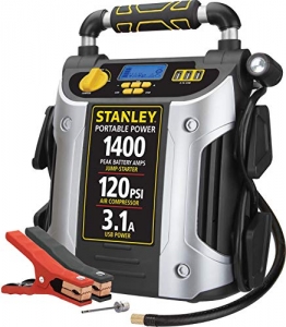 STANLEY J7C09D Digital Portable Power Station Jump Starter: 1400/700 Instant Amps, 120 PSI Air Compressor, 3.1A USB Ports, Battery Clamps - 1