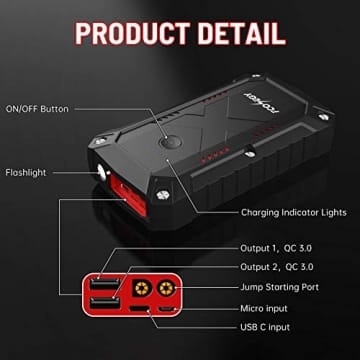Battery Starter for Car, Fconegy 2200A Peak 25000mAh Portable Car Jump Starter with USB QC3.0 Charger, Smart Safety Jumper Clamps, Portable Power 12V Car Booster, (up to 8.0L car 7.0LDiesel Engines) - 4