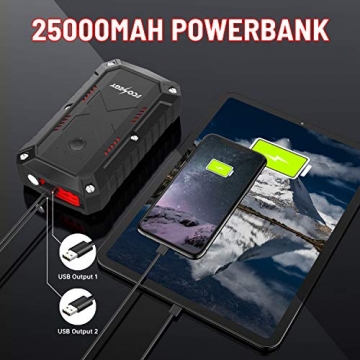 Battery Starter for Car, Fconegy 2200A Peak 25000mAh Portable Car Jump Starter with USB QC3.0 Charger, Smart Safety Jumper Clamps, Portable Power 12V Car Booster, (up to 8.0L car 7.0LDiesel Engines) - 7