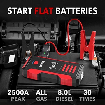 BUTURE 2500A Peak Car Jump Starter (up to All Gas, 8.0L Diesel Engine), 23800mAh Power Bank with 10W Wireless Charger, 12V Auto Battery Booster with Smart Jumper Cable, Quick Charging - 8