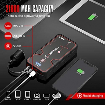FNNEMGE Car Jump Starter 2000A Peak 21800mAh 12V Super Safe Jump Starter(Up to 8.0L Gas or 6.5L Diesel Engine), with USB Quick Charge 3.0 Pack Type-C Portable Phone Charger - 2