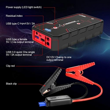 FNNEMGE Car Jump Starter 2000A Peak 21800mAh 12V Super Safe Jump Starter(Up to 8.0L Gas or 6.5L Diesel Engine), with USB Quick Charge 3.0 Pack Type-C Portable Phone Charger - 7