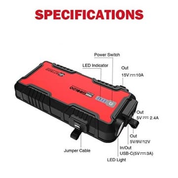 GOOLOO 1500A Peak SuperSafe Car Jump Starter (Up to 8.0L Gas or 6.0L Diesel Engine) with USB Quick Charge, In & Out Type-C Port,12V Portable Water Resistant Power Pack Auto Booster Battery Charger - 6