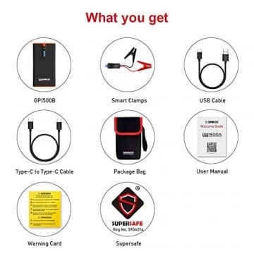 GOOLOO 1500A Peak SuperSafeCar Jump Starter (up to 8.0L Gas, 6.0L Diesel Engine) with Quick Charge and 18W Type C Power Delivery, 12V Auto Battery Booster, Portable Power Pack for Cars, Trucks, SUV - 6