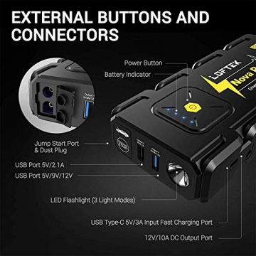 LOFTEK 2200A Peak 20800mAh Car Jump Starter (Up to 8.0L Gas or 6.5L Diesel Engine), 12V Portable Power Pack Auto Battery Booster with Built-in LED Light - 5