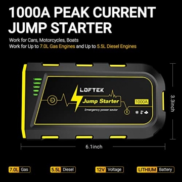 LOFTEK Portable Car Battery Jump Starter (Up to 7.0L Gas or 5.5L Diesel Engine), 12V Power Pack Auto Battery Booster with Built-in LED Light - 2