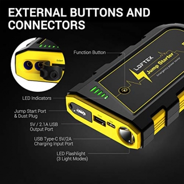 LOFTEK Portable Car Battery Jump Starter (Up to 7.0L Gas or 5.5L Diesel Engine), 12V Power Pack Auto Battery Booster with Built-in LED Light - 3
